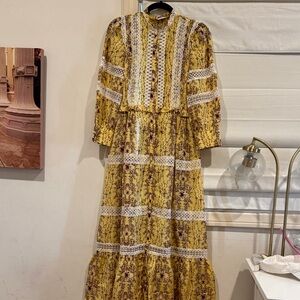 Sandro Angelique Lace Accent Yellow Floral Long Sleeve Dress
